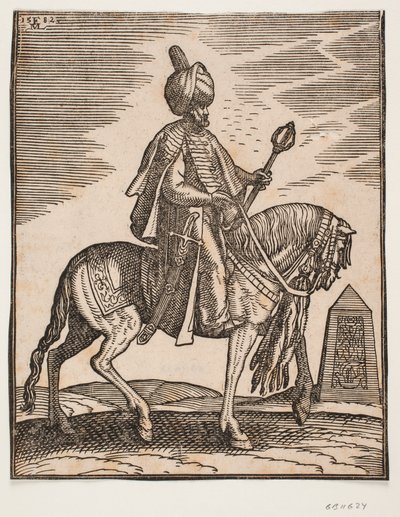 Cavaliere con turbante con una spada al fianco destro e una mazza da guerra nella mano sinistra, profilo verso destra; sullo sfondo, un obelisco da Melchior Lorck