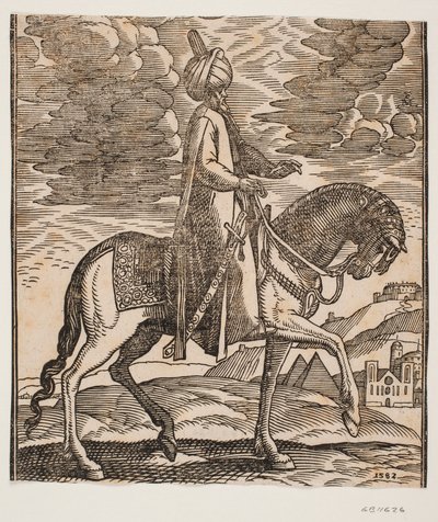 Cavaliere con turbante, con una spada al fianco destro, profilo verso destra; tra le zampe anteriori del cavallo, due piramidi in vista da Melchior Lorck