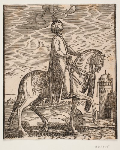 Cavaliere con turbante, con mazza appesa al lato destro del cavallo; profilo verso destra; sul lato destro dell