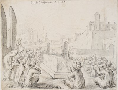 Donne turche in lutto intorno a una lapide da Melchior Lorck