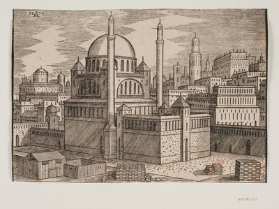 Moschea non identificata con 2 minareti, vista da nord-est; in primo piano cantiere con pietre da costruzione impilate da Melchior Lorck