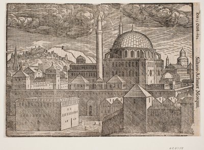 Moschea non identificata con 2 minareti, vista da sud-est; a sinistra montagna con città fortificata da Melchior Lorck