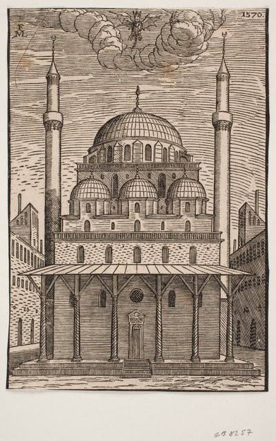 Moschea non identificata con un diavolo simile a un drago che vola sopra da Melchior Lorck