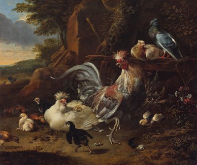 Gallo, galline e altri volatili in cortile da Melchior d