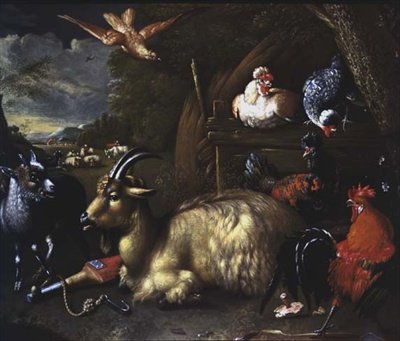 Capra con altri animali e uccelli in un paesaggio da Melchior de (school of) Hondecoeter