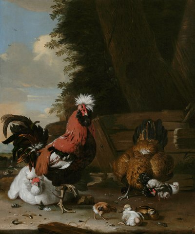 Un gallo bantam con galline e pulcini in un cortile da Melchior de Hondecoeter