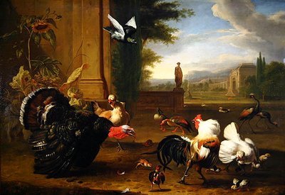 Un Tacchino, Gallo e Altri Uccelli Esotici in un Parco da Melchior de Hondecoeter