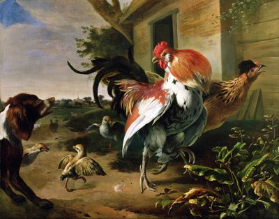 Pollame e spaniel in un cortile di fattoria da Melchior de Hondecoeter