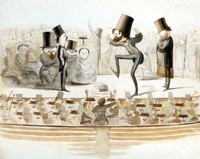 Giuseppe Verdi (1813-1901), compositore italiano con le ripetizioni di "Un ballo in maschera" con il tenore Fraschini e il soprano Fioretti. Caricatura di Melchiorre Delfico. Milanese. da Melchiorre Delfico