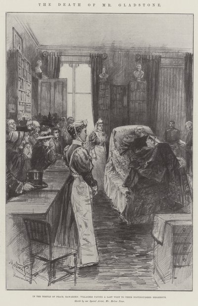 La morte di Mr Gladstone, nel Tempio della Pace, Hawarden, i paesani rendono un ultimo omaggio al loro illustre vicino da Melton Prior