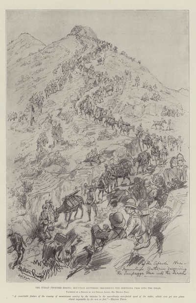 La rivolta della frontiera indiana, batterie di montagna che scendono il passo Sempagha nel Tirah da Melton Prior
