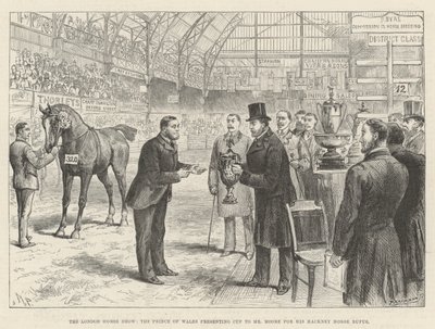 Lo spettacolo equestre di Londra, il principe di Galles presenta la coppa a Mr Moore per il suo cavallo Hackney Rufus da Melton Prior