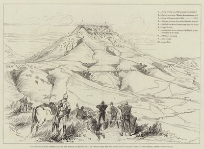 La guerra del Transvaal, piano schizzo della battaglia di Majuba Hill, vista dalla collina sopra il campo di Mount Prospect da Melton Prior