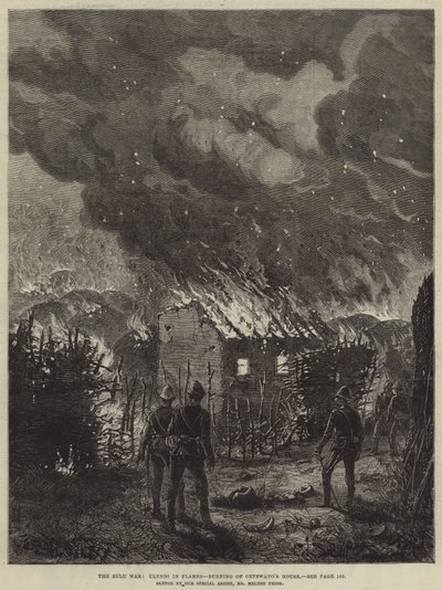 La guerra Zulu, Ulundi in fiamme, incendio della casa di Cetewayo da Melton Prior