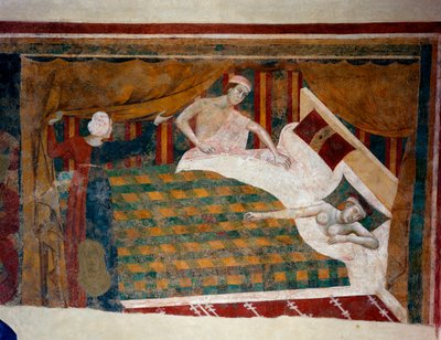 Scena di vita coniugale nel Medioevo. Un uomo si unisce alla moglie che dorme nuda a letto. (dettaglio) da Memmo di Filippuccio