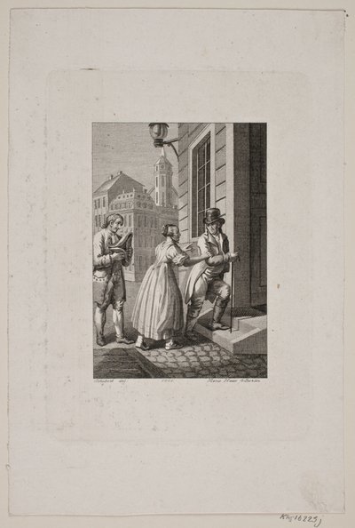 Illustrazione con moglie che ferma un signore a un cancello mentre un servitore osserva da Meno Haas