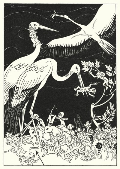 Alcuni dei Pigmei trasversalmente nei loro Beccucci (litografia a colori) da Merlyn Mann
