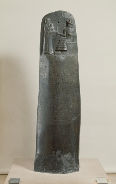 Codice di Hammurabi: il dio Shamash che detta le sue leggi a Hammurabi, Re di Babilonia, trovato a Susa, Iran, c.1750 a.C. da Mesopotamian