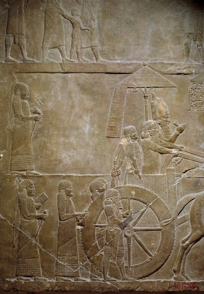 Campagna di Elam: Assurbanipal sul suo carro e prigionieri elamiti da Mesopotamian