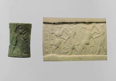 Sigillo cilindrico di combattimento con impressione moderna c.2250-2150 a.C. (albite) da Mesopotamian Mesopotamian