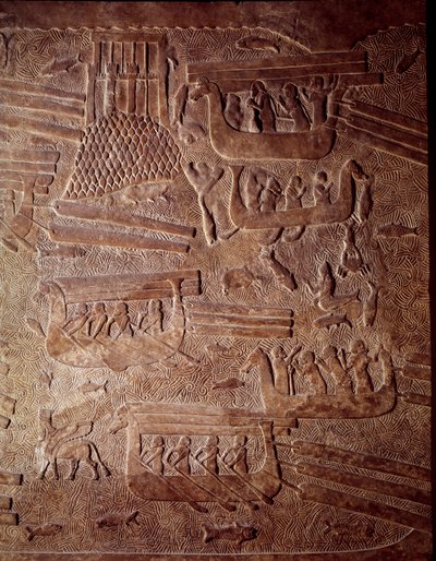 Mesopotamia: scena marittima che rappresenta il trasporto di legname in Libano. Dettaglio di un basso rilievo in alabastro da Khorsabad. Regno di Sargon II, 710 a.C. Parigi, Museo del Louvre da Mesopotamian Mesopotamian