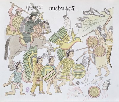 Battaglia di Michoacan tra gli spagnoli e gli aztechi, illustrazione da un facsimile di una storia illustrata messicana Lienzo de Tlaxcala, c.1550, 1892 da Mexican School