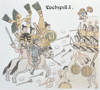 Battaglia di Xochipilla tra gli spagnoli e gli aztechi, illustrazione da un facsimile di una storia pittorica indiana messicana Lienzo de Tlaxcala del c.1550, 1892 da Mexican School