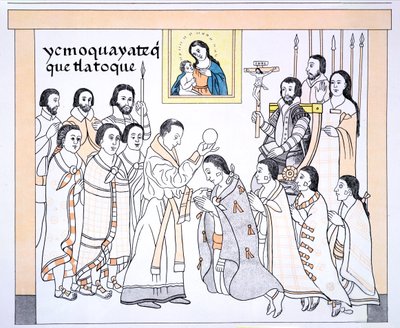 Caciques che ricevono la comunione da un prete nella casa di Hernando Cortes (1485-1547), illustrazione da un facsimile di una storia pittorica indiana messicana Lienzo de Tlaxcala del c.1550, 1892 da Mexican School