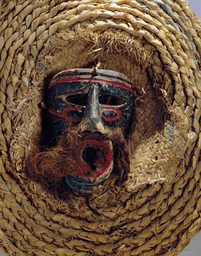 Maschera di costume per la celebrazione del festival annuale messicano di Guelaguetza (legno e paglia intrecciata) da Mexican School