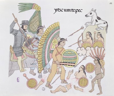 Hernando Cortes (1485-1547), assediato a Tenochtitlan, decide di lasciare la città, illustrazione da un facsimile di una storia pittorica indiana messicana Lienzo de Tlaxcala del c.1550, 1892 da Mexican School