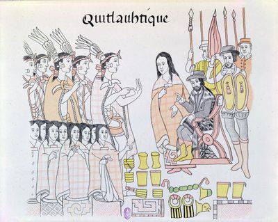 La Malinche (Dona Marina) che funge da interprete durante la presentazione di donne e oro da parte di Montezuma (1466-1520) a Hernando Cortes (1485-1547) illustrazione da un facsimile di una storia pi da Mexican School