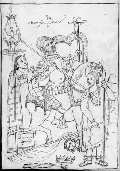 MS Hunter 242 f.246v, Cortes a cavallo, sopra il re azteco sconfitto Moctezuma, illustrazione dalla Historia de Tlaxcala di Diego Munoz Camargo da Mexican School