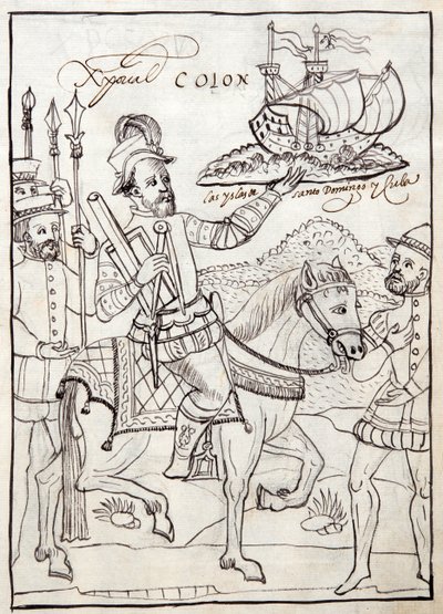 MS Hunter 242 f.247r Cristoforo Colombo, illustrazione dalla Historia de Tlaxcala di Diego Muñoz Camargo da Mexican School