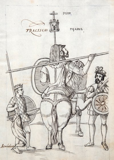 MS Hunter 242 f.248r Picarus, o Pizarro, e cavallo da guerra, illustrazione dalla Historia de Tlaxcala di Diego Muñoz Camargo da Mexican School