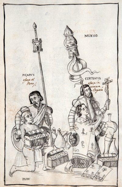 MS Hunter 242 f.248v Picarus (Pizarro) presenta il Perù e Cortesius (Cortés) Nueva España, illustrazione dalla Historia de Tlaxcala di Diego Muñoz Camargo da Mexican School