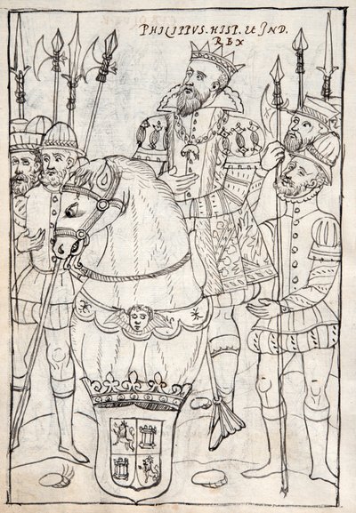 MS Hunter 242 f.249v Filippo II a cavallo, indossando l