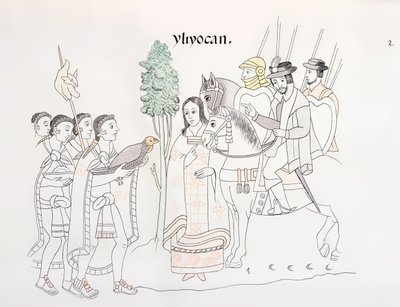 Incontro tra Hernando Cortes (1485-1547) e gli Aztechi, illustrazione da un facsimile di una storia pittorica indiana messicana Lienzo de Tlaxcala del c.1550, 1892 da Mexican School