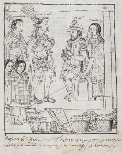Montezuma incontra Cortez, da Historia de Tlaxcala di Diego Munoz Camargo da Mexican School