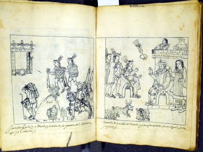 Ms Hunter 242 256v-257r Cortez e Montezuma, da Historia de Tlaxcala di Diego Munoz Camargo da Mexican School