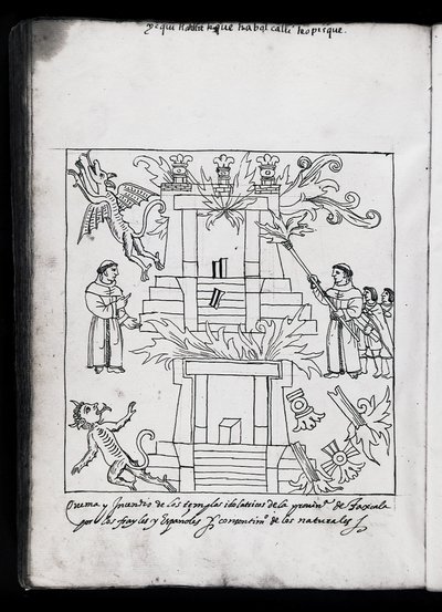 Ms Hunter 242 f.240v Francescani che bruciano templi, illustrazione da Historia de Tlaxcala di Diego Munoz Camargo da Mexican School