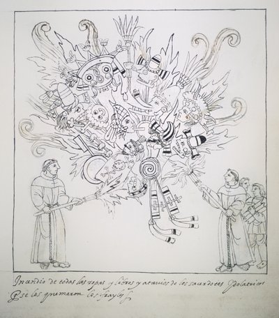 Frati Francescani Bruciano Libri e Vestiti Tradizionali, da Historia de Tlaxcala di Diego Munoz Camargo da Mexican School