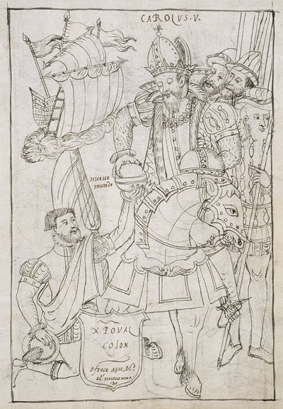 Cristoforo Colombo offre simbolicamente il Nuovo Mondo a Carlo V, da Historia de Tlaxcala di Diego Munoz Camargo da Mexican School