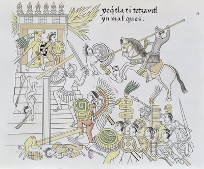 Il rogo degli idoli da parte di Hernan Cortes, illustrazione da un facsimile di una storia illustrata messicana Lienzo de Tlaxcala, c.1550, 1892 da Mexican School