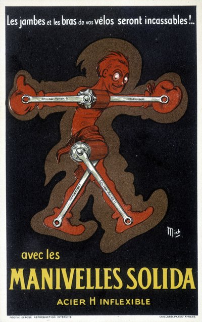 Pubblicità per pedivelle Velo in acciaio massiccio. Disegno di Mich (Michel Liebeaux) da Mich