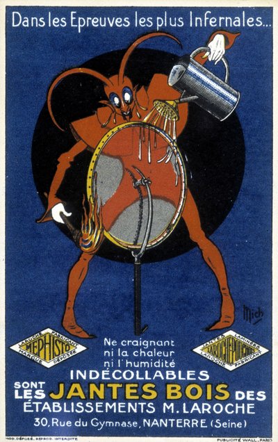 Diavolo rosso davanti a una ruota di bicicletta che illustra una pubblicità per i cerchi in legno degli stabilimenti Laroche (Nanterre) (incisione) da Mich