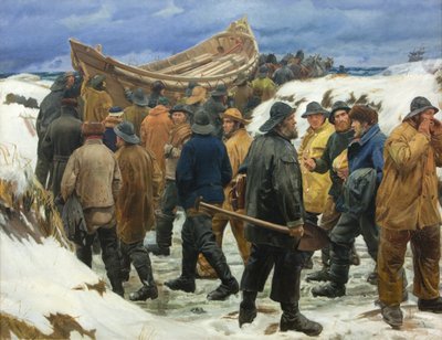 La scialuppa viene portata attraverso le dune da Michael Ancher