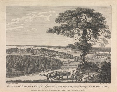 Hackwood Park, la residenza di sua grazia il duca di Bolton vicino a Basingstoke, Hampshire (pubblicato da G. Kearsly); pagina 19 (Volume Due) da Michael Angelo Rooker