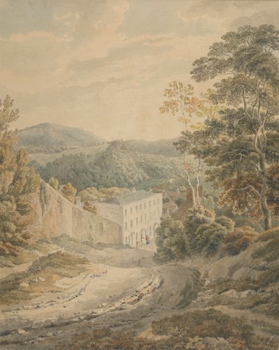 Paesaggio, vista verso un villaggio dominato da una grande casa di pietra a tre piani da Michael Angelo Rooker