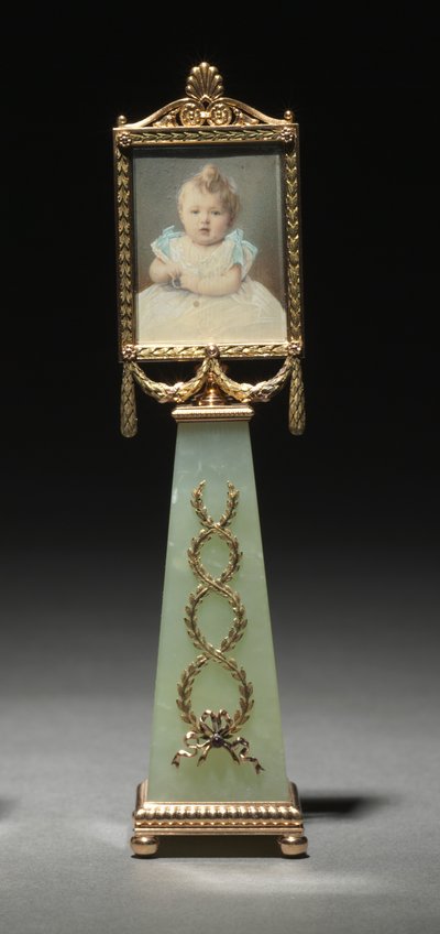 Miniatura incorniciata: Ritratto della Granduchessa Olga, ditta di Peter Carl Fabergé, miniatura dipinta da Johannes Zehngraf da Michael Evlampievich Perkhin