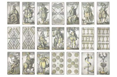 (dettaglio) di un set estremamente raro di 52 carte da gioco incise nei quattro semi italiani, Augusta da Michael Froemmer